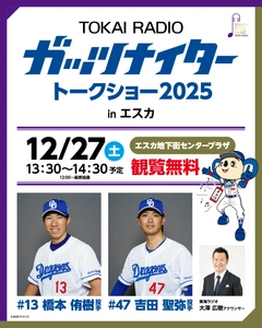 【TOKAI RADIO】中日ドラゴンズ 橋本侑樹・吉田聖弥 出演の「ガッツナイター トークショー」12/27(土)名古屋・エスカで開催 観覧無料