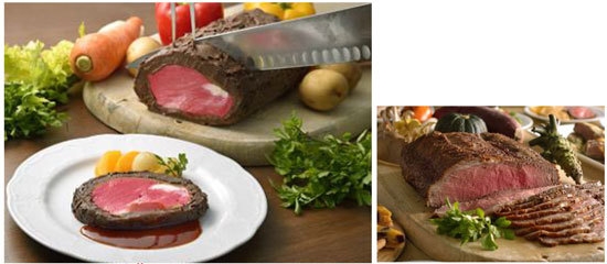 (左)ローストビーフ風 木苺のロールケーキ (右)エトワールで提供中のローストビーフ