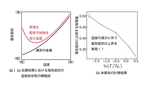 図1(a)近藤効果における電気抵抗の温度依存性の概略図、(b)本研究の計算結果