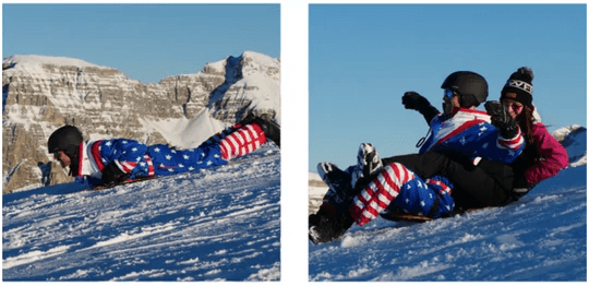 恐怖心を忘れて頭から滑ったり、カップルとイチャイチャしたり（スライディングスーツ『Snowfeet ASSLED(スノーフィート アスレッド)』）