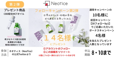 「ネオティス(Neotice)」、CBDオイルのフォロー＆リツイートの 第2弾キャンペーンとして8月10日まで 14名様にCBDオイルプレゼント企画を実施！