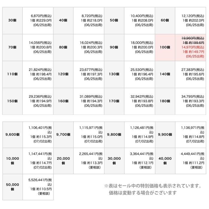 価格表サンプル