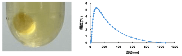 (図1)超遠心精製法により得られた物質(ナノベシクル)の写真と粒子径