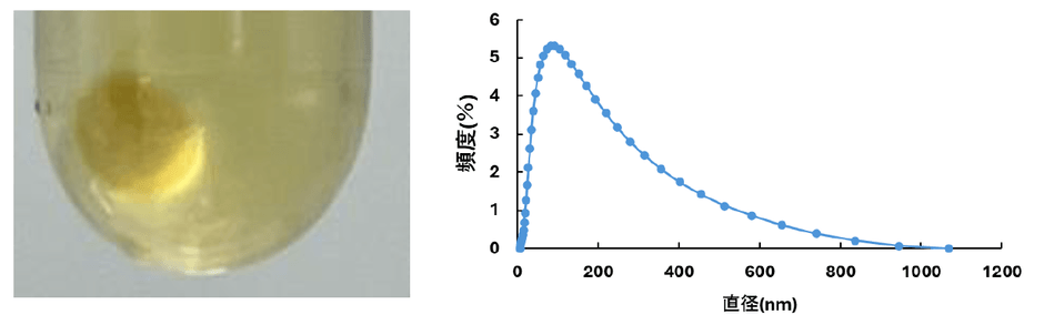 （図1）超遠心精製法により得られた物質（ナノベシクル）の写真と粒子径