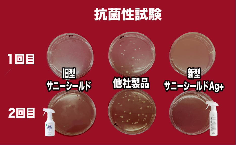 抗菌性試験の比較(左から弊社旧製品・他社製品・弊社新製品)