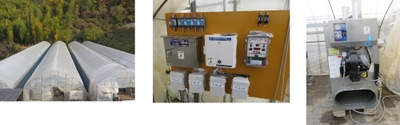 (左)ICTを導入した4棟のいちごハウス (中央)ICT(機器本体) (右)エンネツ加湿器