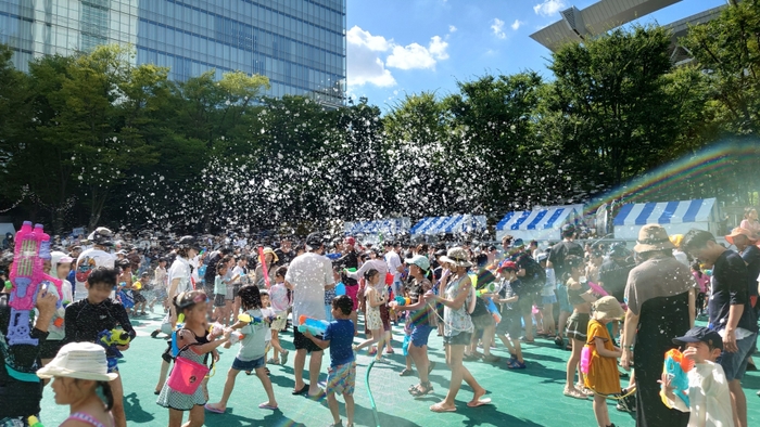 水をかけあって盛り上がる