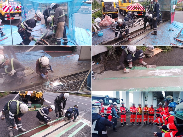 (左上)飛散防止ネット設置した斫り工(はつりこう)、(右上)伸縮装置設置工、(中左)溶接工、(中右)超速硬コンクリート打設工、(左下)段差修正工、(右下)当社の監理技術者(左から4人目)の号令のもと安全第一で工事に取り組む