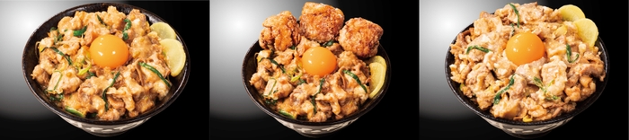 左から『無双とんこつ牛ホルすた丼』『唐揚げ合盛り無双とんこつ牛ホルすた丼』『とんこつ牛ホルすた丼超無双盛り』