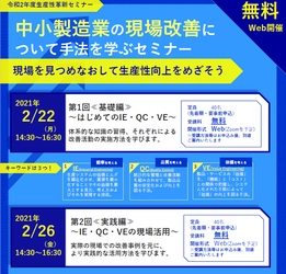 『中小製造業の現場改善について手法を学ぶセミナー』 2/22基礎編・2/26実践編の2回、無料Web開催