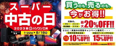 2023年7月22日(土)より、全国の店舗・WEB通販サイトにて 「買う」のも「売る」のも超お得な「スーパー中古の日 2023夏」を 期間限定で開催！ 期間中いつでも、対象商品のご購入が最大20％OFF！買取が最終査定額から10％UPし、キャンペーン適用で最大15％UP！