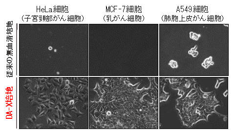 左図：従来の無血清培地、DA-X培地においての各臓器・組織由来のがん細胞株の比較