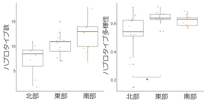 図3.琵琶湖の北部、東部、南部において検出されたハプロタイプの数(左)とハプロタイプ多様性(右)。北部のホンモロコ集団は、東部、南部に比べて遺伝的多様性が低い傾向が認められた。