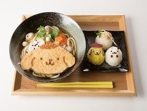 ポムポムプリンとマフィンの関西風うどん&手まりおにぎり