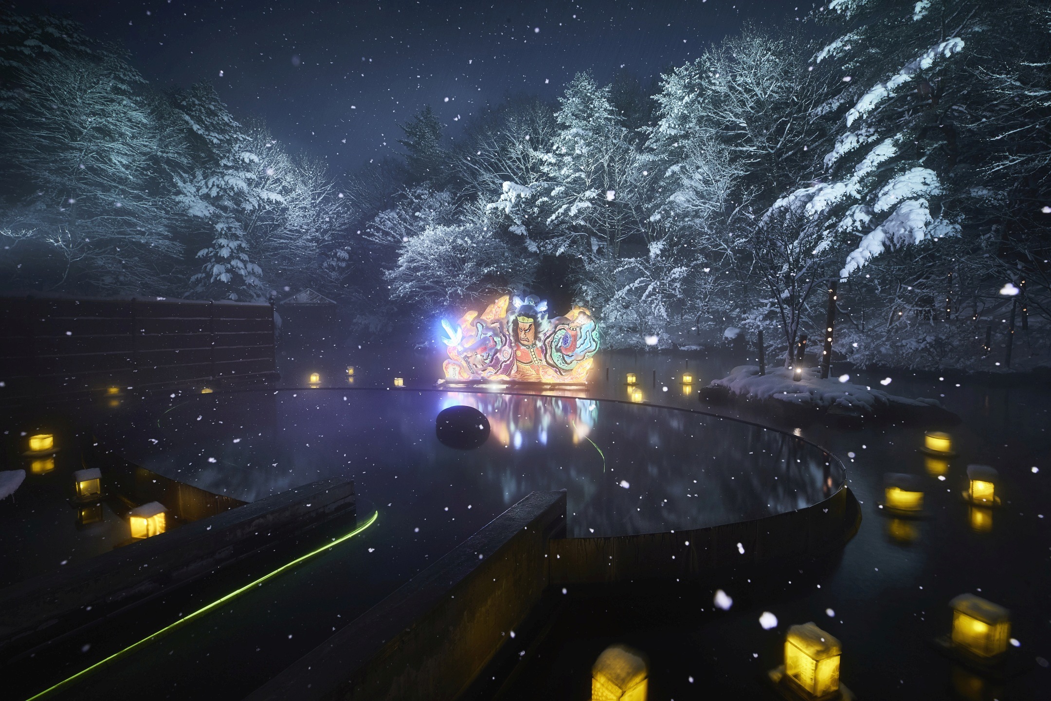 青森屋 ~邪気を払い、無病息災を祈る青森屋の風物詩~絶景雪見露天「ねぶり流し灯篭」実施 期間:2020年12月1日〜2021年3月31日