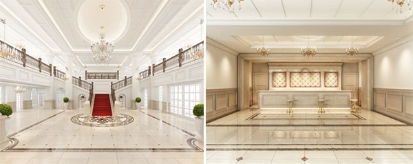 (左)ホテルメインロビー、(右)フロントカウンター