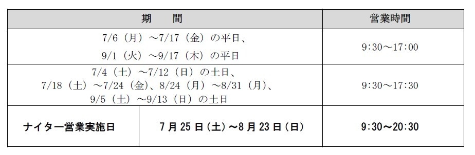 夏期の営業スケジュール