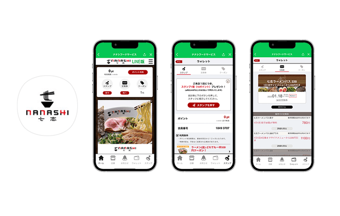 図1 『七志LINEミニアプリ』のアイコンとトップ/来店スタンプ/定期券画面