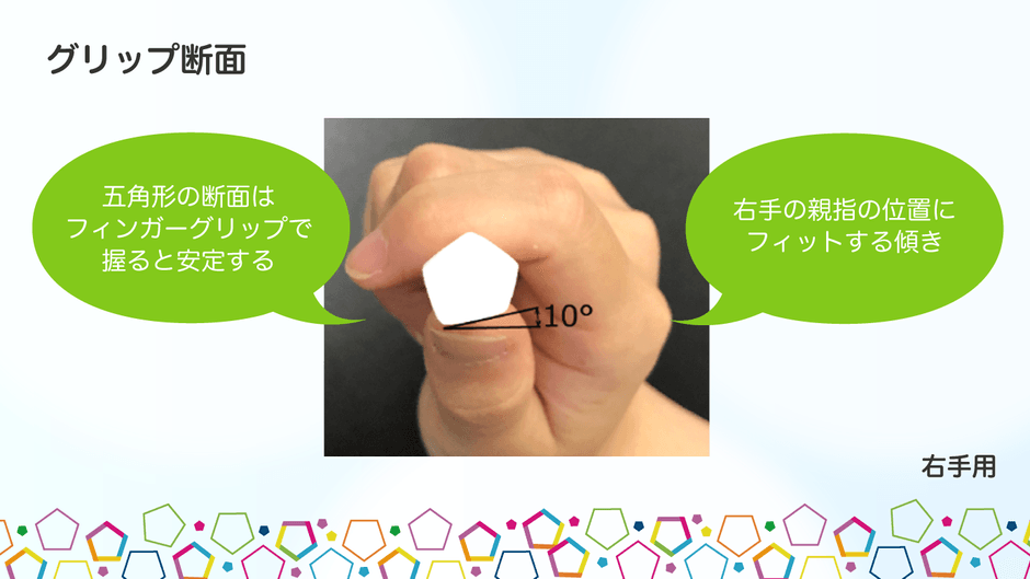 【5角形】グリップ:5面のうち3面で握れば、ヘッドの向きが簡単に調整できて毛先がすべての歯面に密着