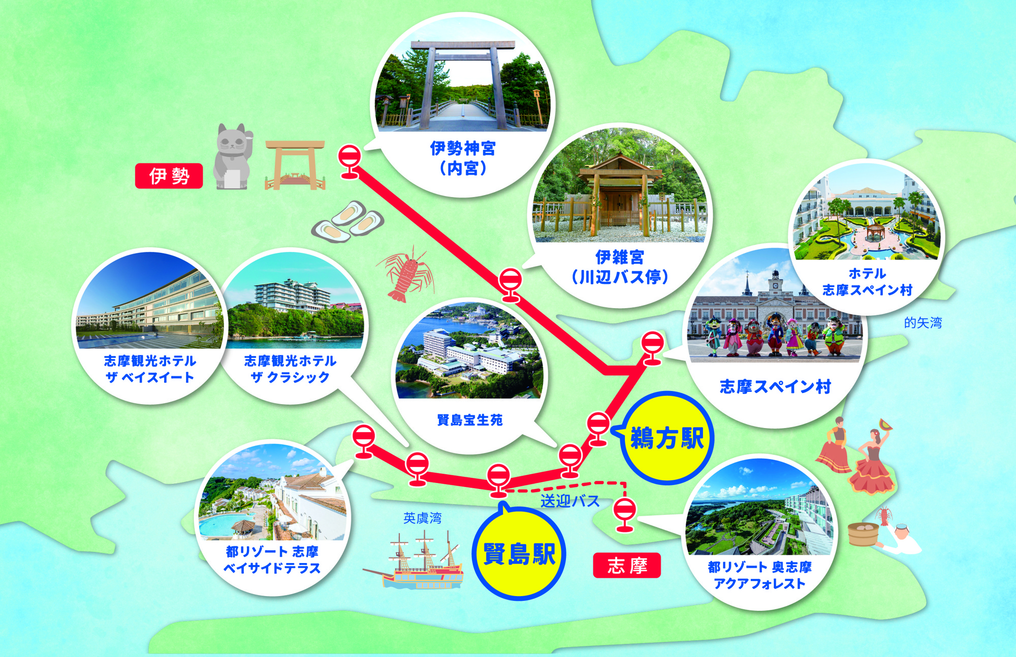 【伊勢神宮（内宮）と志摩エリアを結ぶ直行バス（パールシャトル）】志摩スペイン村や志摩の宿泊施設へのアクセスがより便利になります。