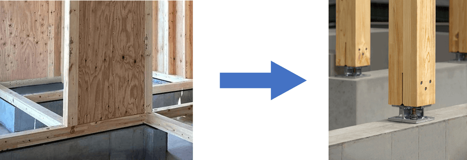 左：導入前 基礎の上に土台を設置　右：導入後「基礎ダイレクトジョイント構法」