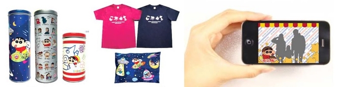 (左)デザイン缶イメージ、(中央)販売商品イメージ、(右)記念写真イメージ ©臼井儀人/双葉社・シンエイ・テレビ朝日・ADK