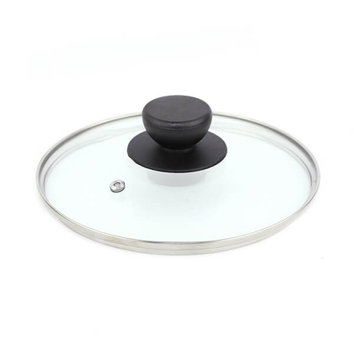 「ガラス ソースパンカバー」価格：429円／サイズ：φ18.7×H6cm／直径18cmの鍋に対応しているガラスの蓋。弊社アイテム、ソースパンにピッタリ合うサイズです。