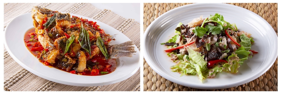 画像左：「プラーラープリック」1,480円、画像右：「ヤムヘットフーヌー」790円