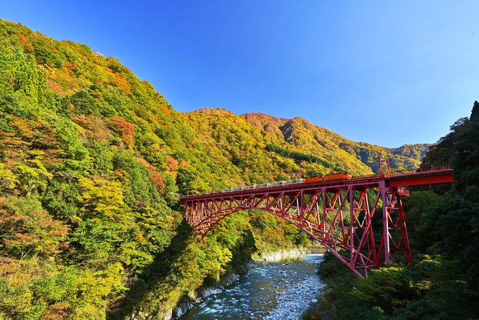 新山彦橋を渡るトロッコ電車