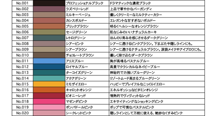 全20色となったカラー名一覧