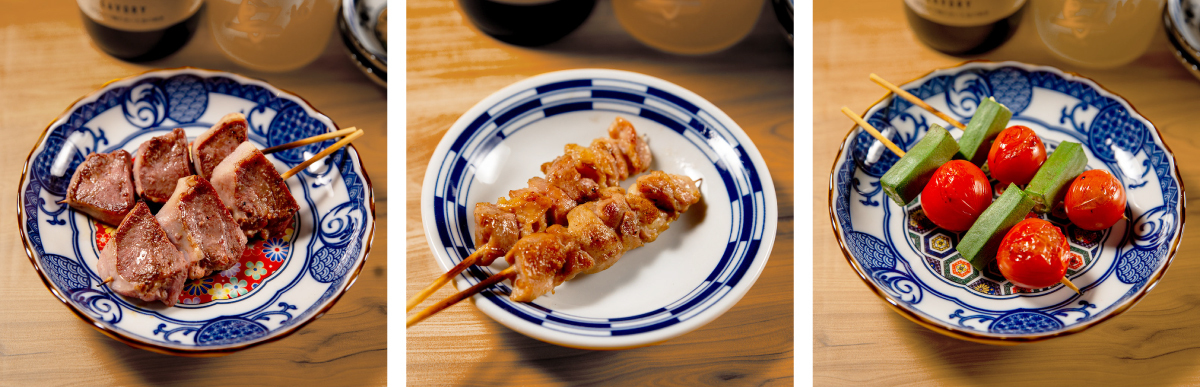 名物 豚タン串、もも串、トマトオクラ串
