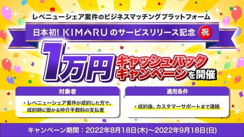 日本初！レベニューシェア案件の ビジネスマッチングプラットフォーム「KIMARU」が、 リリース記念“1万円キャッシュバックキャンペーン”を 期間限定で開催！