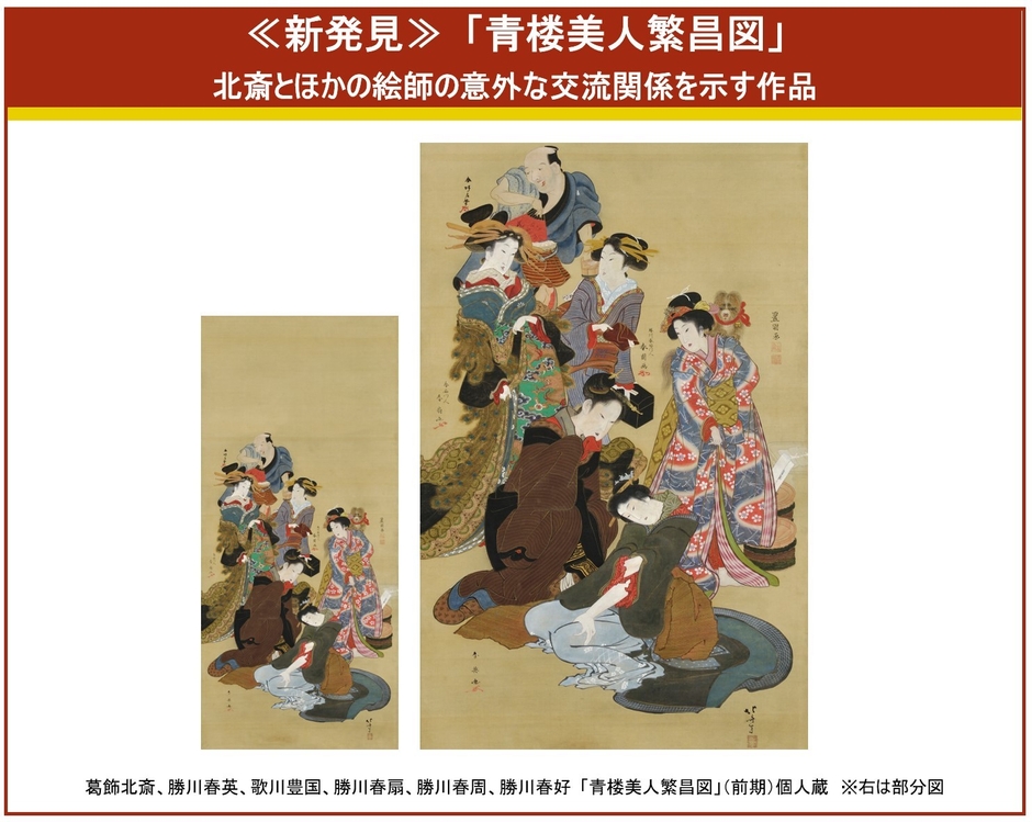 ▲≪新発見≫葛飾北斎、勝川春英、歌川豊国、勝川春扇、勝川春周、勝川春好「青楼美人繁昌図」(前期)個人蔵　葛飾北斎が、勝川春好、勝川春英など4名の勝川派絵師たち、そして歌川豊国とともに遊郭の女性たちと太鼓持ちを描いた作品で、北斎とほかの絵師の意外な交流関係を示す作品です。