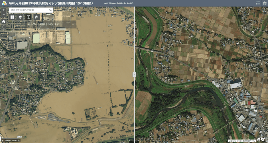 令和元年台風19号における発災前後画像(都幾川地区：埼玉県)