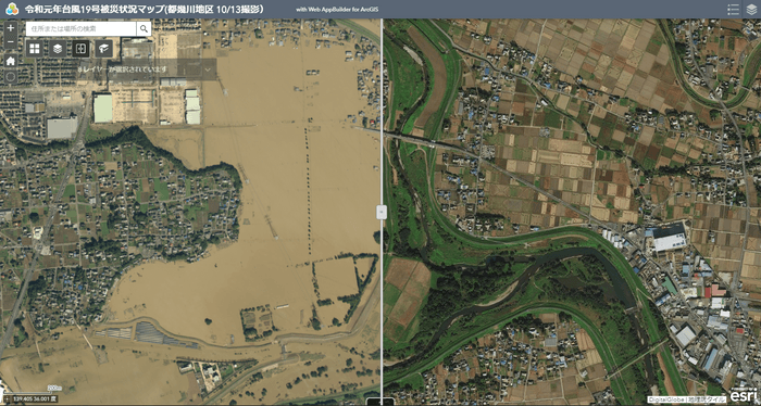 令和元年台風19号における発災前後画像(都幾川地区：埼玉県)