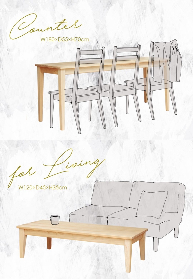 (上)カウンターテーブル￥79,500　 (下)リビングテーブル￥50,500