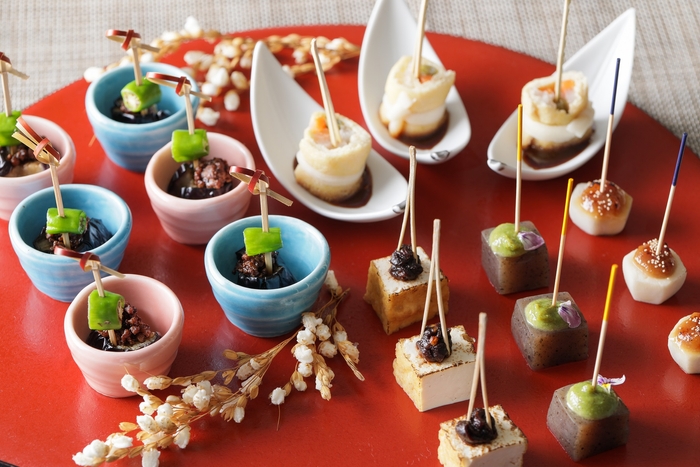 【味噌田楽5種】こんにゃく・木の芽みそ/厚揚げ・クルミ味噌/茄子・肉みそ味噌/信太巻き/里芋・黄柚子味噌