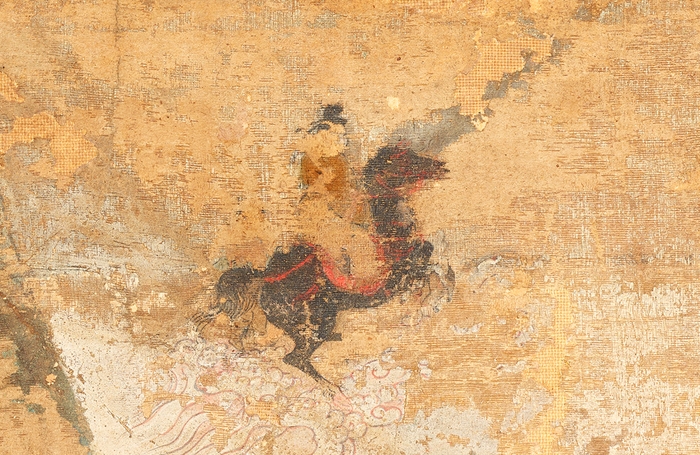 27歳、黒駒に乗って東国にあそび富士山に登る(第3面)/国宝「聖徳太子絵伝」(部分)