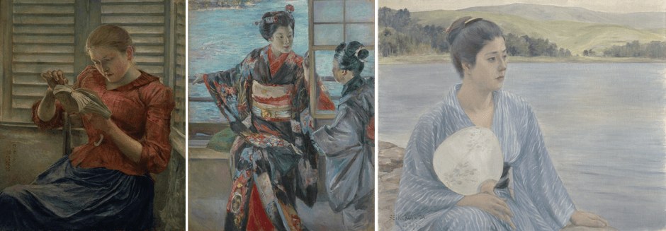 左：読書(明治24年〔1891〕)、中央：重要文化財 舞妓(明治26年〔1893〕)、右：重要文化財 湖畔(明治30年〔1897〕)※いずれも黒田清輝筆、東京国立博物館所蔵