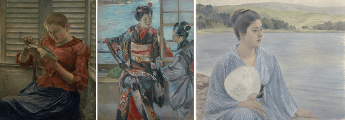 左:読書(明治24年〔1891〕)、中央:重要文化財 舞妓(明治26年〔1893〕)、右:重要文化財 湖畔(明治30年〔1897〕)※いずれも黒田清輝筆、東京国立博物館所蔵