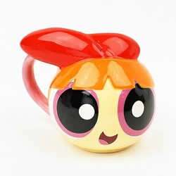 パワーパフガールズ、ブロッサムのフェイスマグ。飾ってもかわいいのでインテリアにも。マグと一体化するパワパフたち。