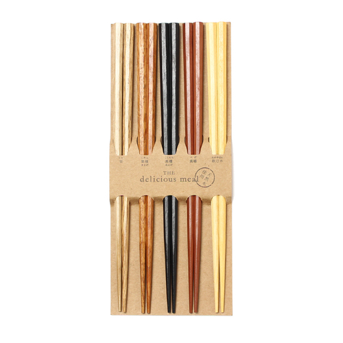「箸 5P Wood」価格：539円／サイズ：W0.8×D0.8×H22.5cm（1本あたり）／材質：栗・黄楊・鉄木・天然木