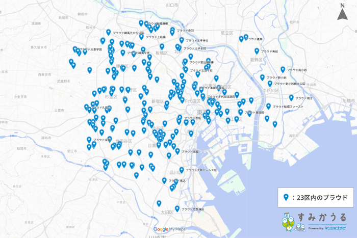 画像1：東京都心部におけるラ・トゥール、シティタワー、グランドヒルズの所在をプロットし、JR山手線を目安として同心円状のエリア構造を示した地図（マンションナビ）