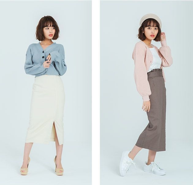 ニットカーディガン&タイトスカート