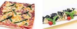 【左】グリーンアスパラのミモザピザ(3月の土日祝) 【右】白身魚と菜の花のタルタルソース焼き(4月)
