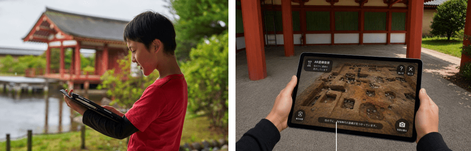 左:探求学習を促進する 対話型AIガイドの利用イメージ 右:ARで遺構を復原表示する タブレット利用イメージ