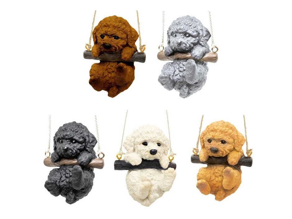 開発中のカプセルトイ『ぶらぶらりーず 第3弾 〜ゆれるトイプーたち〜』ラインナップ（全5種）。上段左から＝チョコ、シルバー、下段左から＝ブラック、ホワイト、アプリコット