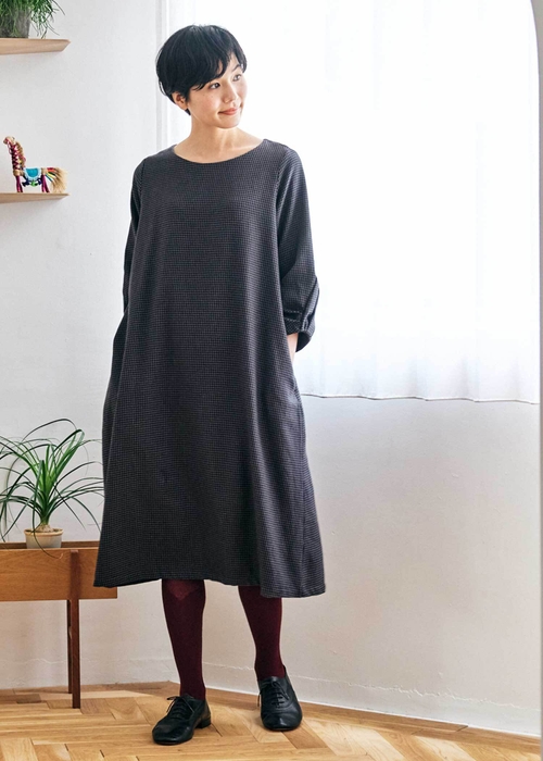 手織りオーガニックコットン千鳥格子ランタンスリーブワンピース 税込22,000円