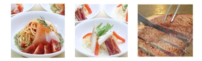 (左)7月 トマトとシーフードの 冷製スパゲッティ (中央)8月 生ハム添え 豆乳と山芋の和風スパゲッティ (右)人気の国産牛ステーキ