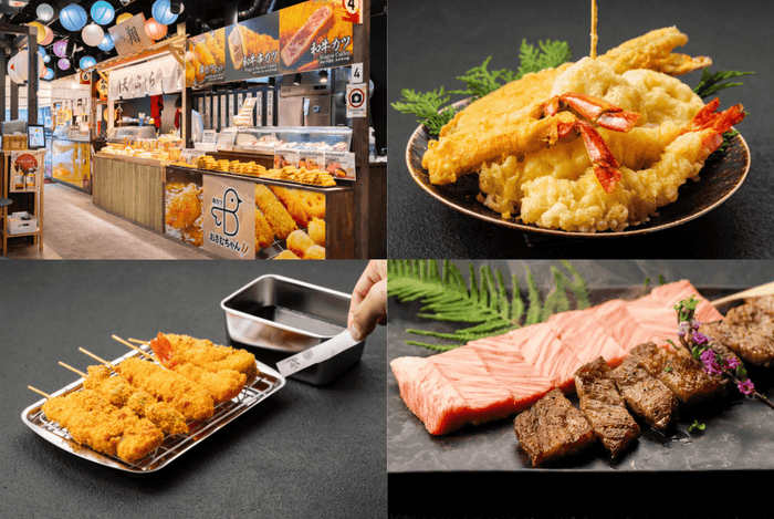 それぞれの店舗毎にデザインされた屋台　「おさむちゃん」の串カツ、「天ぷら翔」の天ぷら、「くれおーる」の和牛串